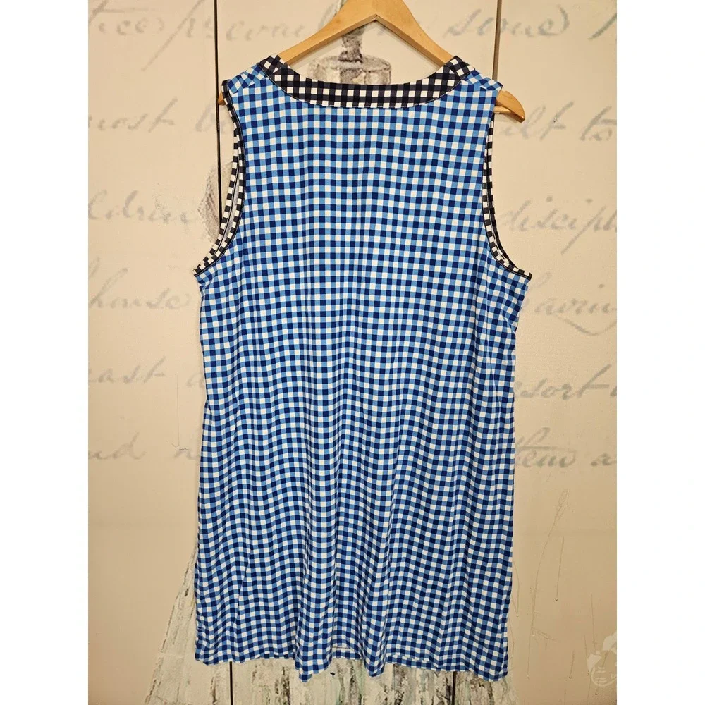 Draper James Lands End Shift Dress 2X Blue Gingham V-Neck Cotton Pockets Classic
